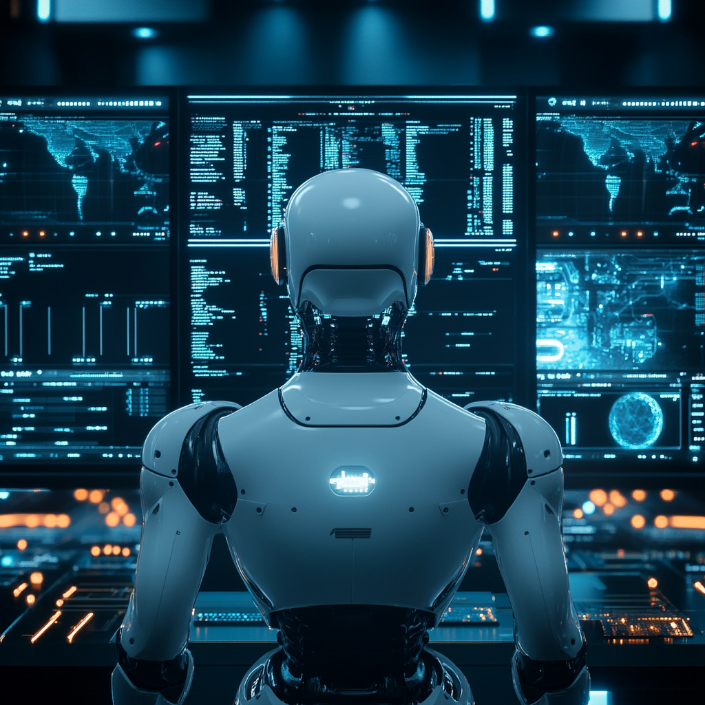 AI robot overseeing global business operations from a futuristic command center with multiple world map displays, representing limitless 24/7 business management