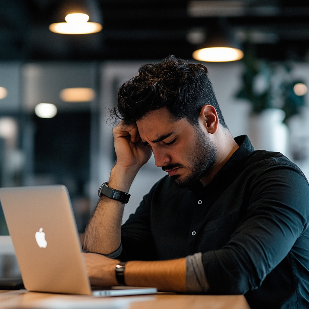 Frustrated business owner overwhelmed by work stress, representing human limitations in business operations